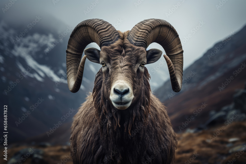 male bighorn sheep ram in the mountains - obrazy, fototapety, plakaty 