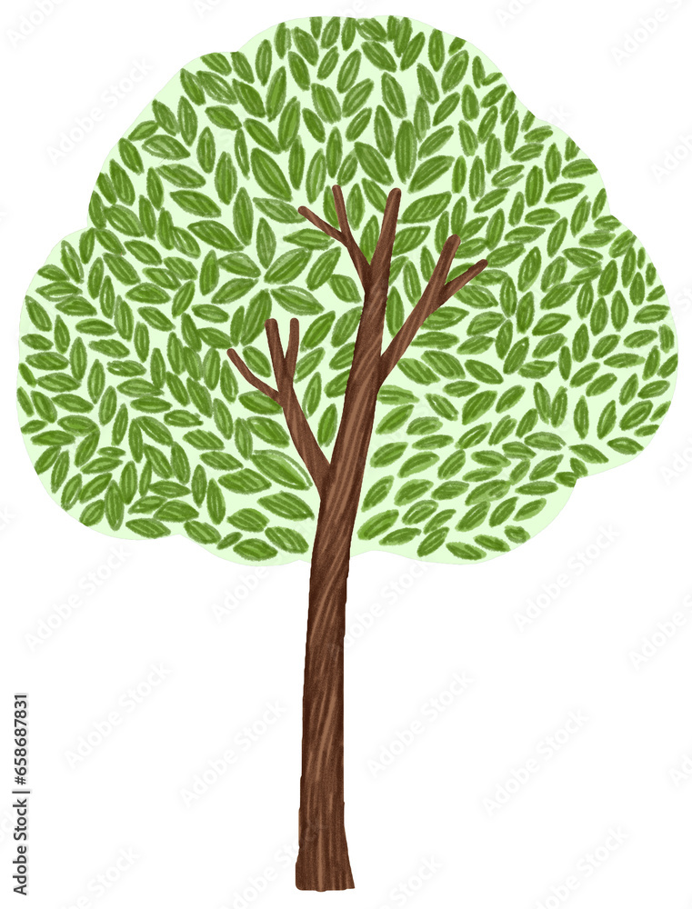 Green tree. Cute childish and fairytale picture book style. Hand drawn illustration isolated on white background. Watercolor, pastel, crayons, oil pastel and chalk painting. Green tree. Cute childish and fairytale picture book style. Hand drawn illustration isolated on white background. Watercolor, pastel, crayons, oil pastel and chalk painting.
