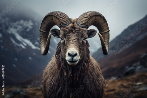 male bighorn sheep ram in the mountains photo