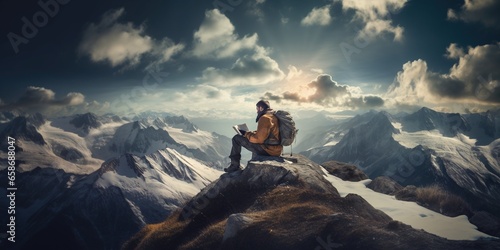 Mountain climber reading a novel at the summit, concept of Adventure © koldunova