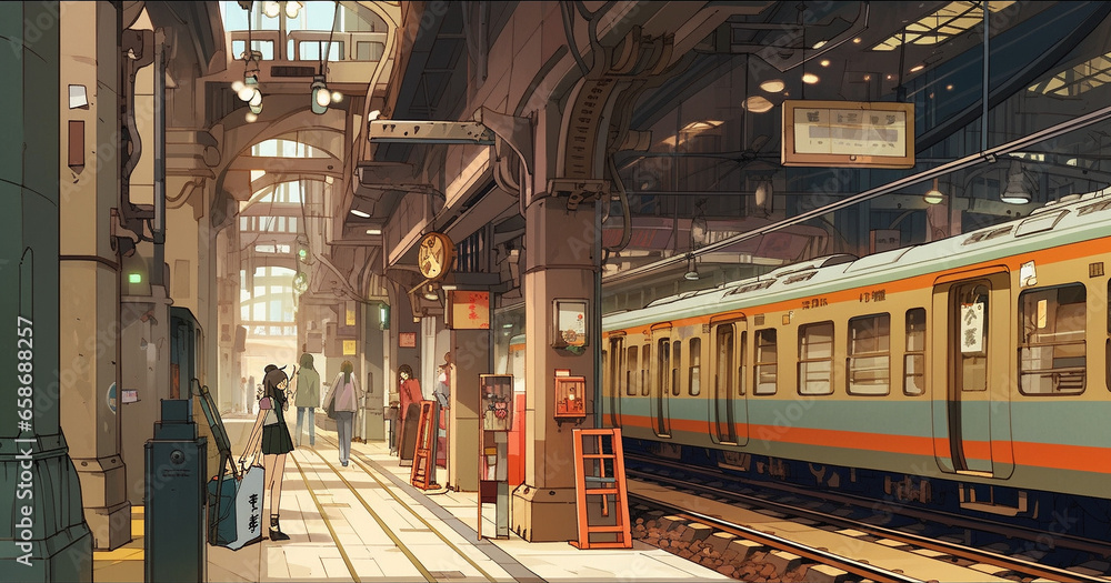 Transit Melody: Anime-style Illustration of a Dynamic Train Terminal, Generative AI