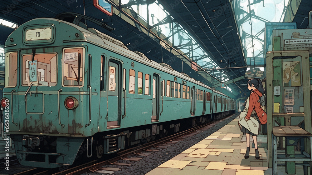 Fototapeta premium Vibrant Railways: Anime-style Illustration of a Thriving Train Hub, Generative AI