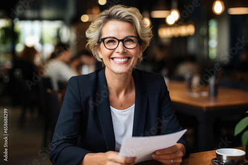mature middle aged business woman holding documents