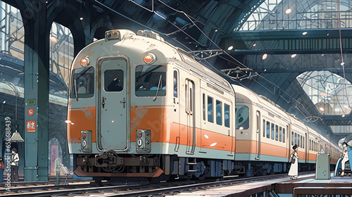 Tracks of Urban Life: Anime-style Illustration of a Busy Train Station, Generative AI
