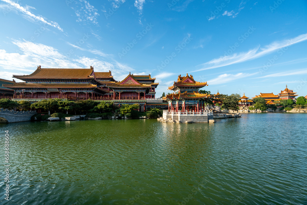 Fototapeta premium Palace on Lake, Beautiful Penglai San Xian Mountain, Shandong, China