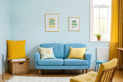 modern living room with light blue sofa, art canvas and blue and yellow cushions