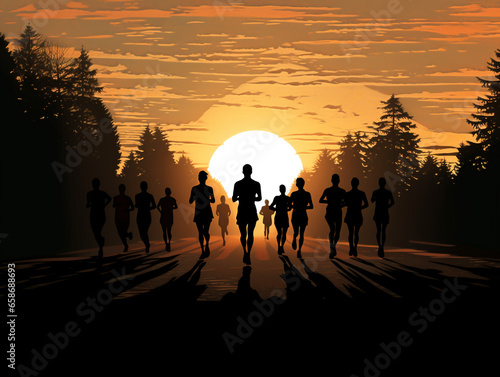 Silhouette illustration of a jogging or marathon runner running in the evening or morning. © Aisyaqilumar