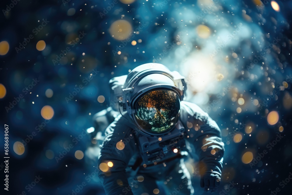 Lone astronaut floating against the backdrop of an starry galaxy - Deep Space Exploration - AI Generated Lone astronaut floating against the backdrop of an starry galaxy - Deep Space Exploration - AI Generated