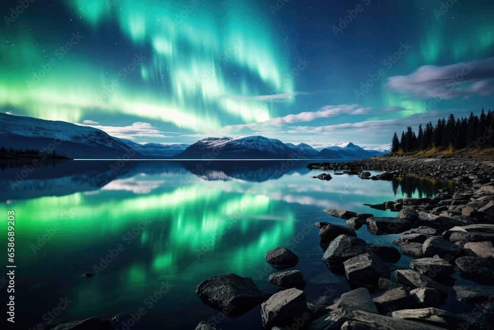 Northern Lights Reflecting on a Still Arctic Lake - Mirrored Beauty - AI Generated