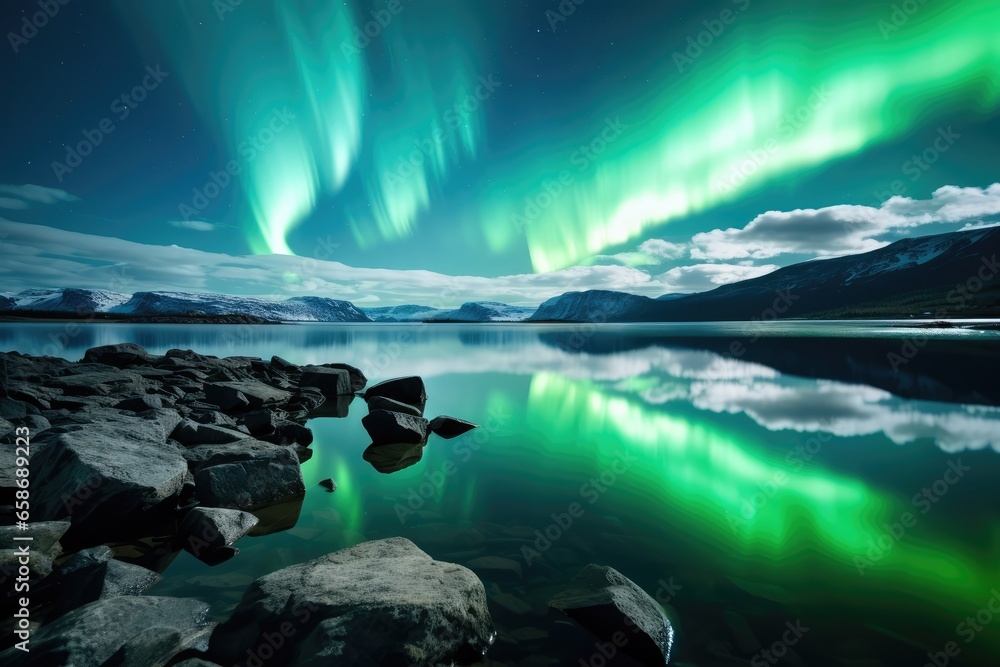 Northern Lights cascading over a serene fjord - Nature's Art - AI Generated