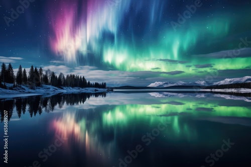 Northern Lights Reflecting on a Still Arctic Lake - Mirrored Beauty - AI Generated