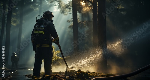 A professional firefighter extinguishes the flame. A burning forest and a man in a firefighter's uniform, rear view. Concept: Fire has engulfed nature, danger of arson.