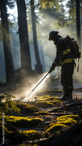 A professional firefighter extinguishes the flame. A burning forest and a man in a firefighter's uniform, rear view. Concept: Fire has engulfed nature, danger of arson.