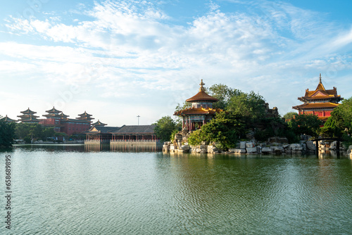 Chinese Garden Landscape, Palace on Lake