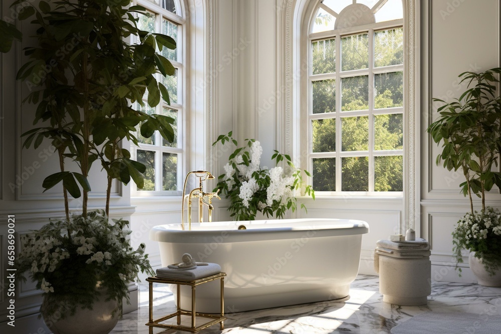 Opulent bathroom featuring white marble, plants, freestanding tub, and ample sunlight. Generative AI