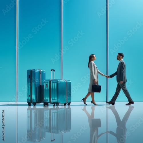 Woman and man shake hands next to suitcases, on blue background