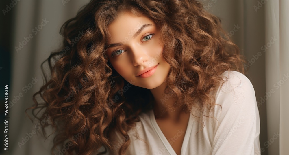 A woman with curly hair in close-up
