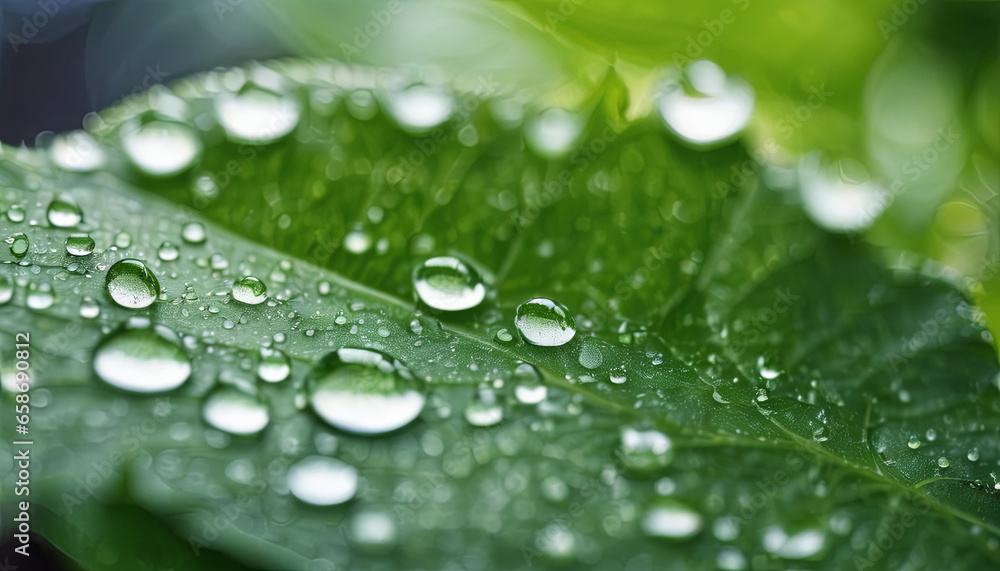 Morning Dew on Fresh Green Leaf, Macro Morning Dew on Fresh Green Leaf, Macro