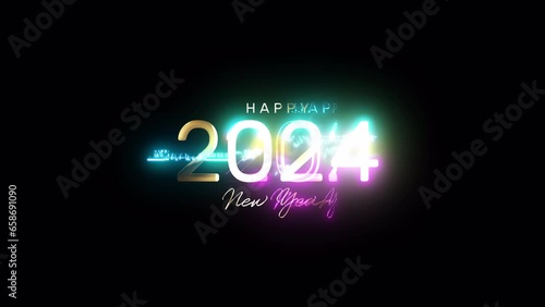 Wallpaper Mural 2024 Happy New Year golden shine glittering text glitch cyber punk effect with snowball animation on black background. Isolated with alpha channel quicktime prores 444.  Torontodigital.ca