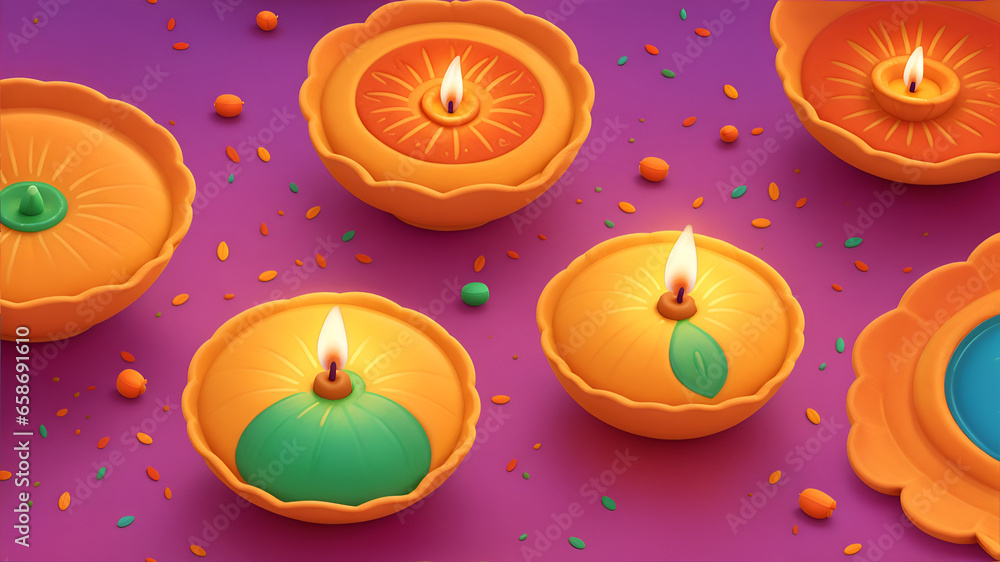 Happy Diwali festival with Lit Diya, Diwali holiday Background with rangoli, India Festival Deepawali celebration greeting card banner template 3D Illustration Happy Diwali festival with Lit Diya, Diwali holiday Background with rangoli, India Festival Deepawali celebration greeting card banner template 3D Illustration