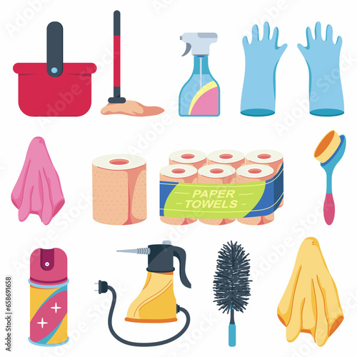 Cleaning supplies for housekeeping vector cartoon set isolated on a white background.