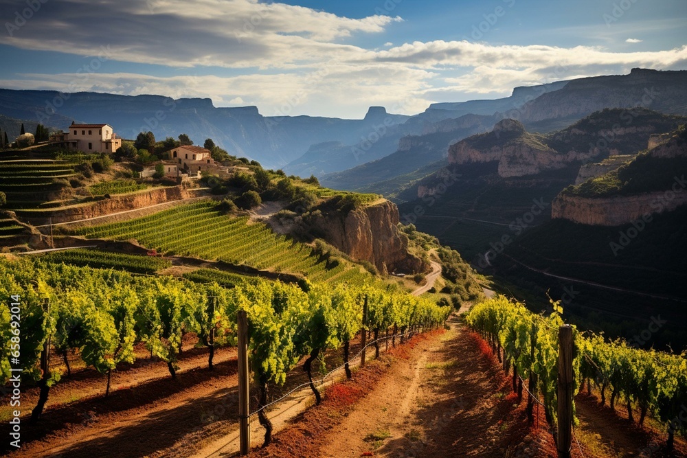Beautiful view of vineyards in Tarragona's Priorat wine region in Spain. Generative AI - obrazy, fototapety, plakaty 