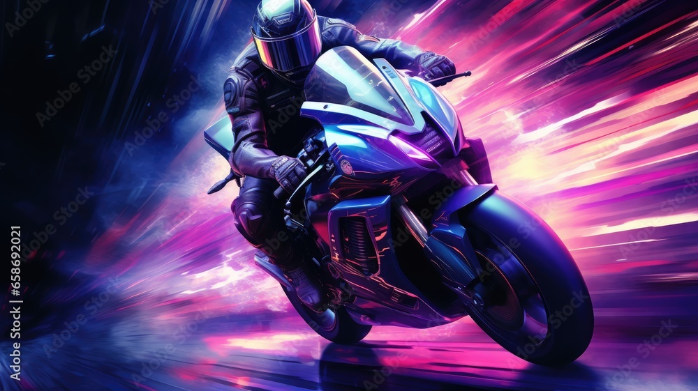 A man riding a motorcycle through a vibrant and dynamic tunnel