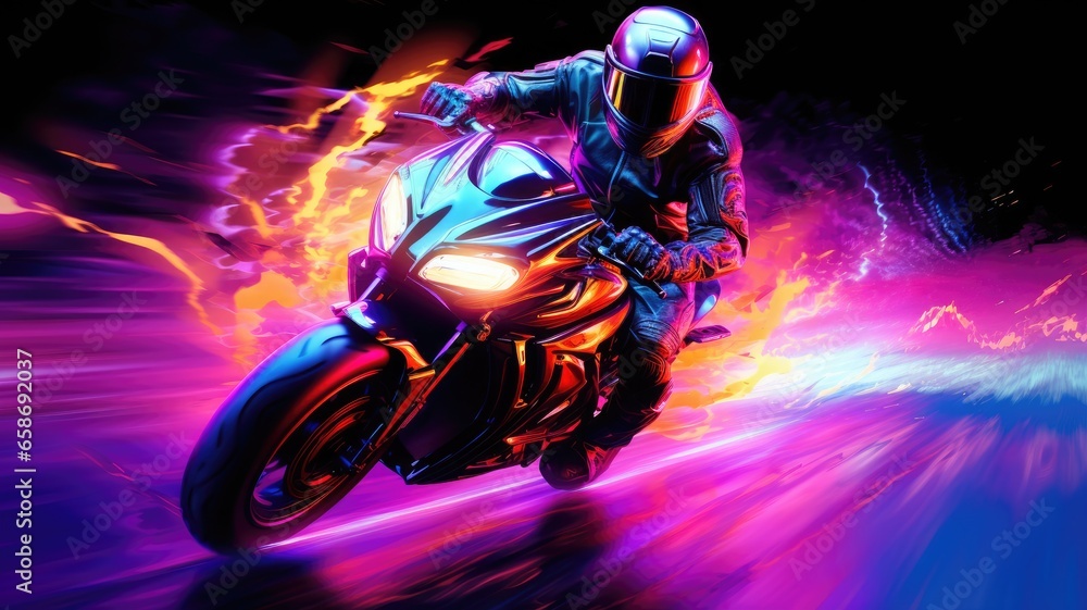 A person riding a motorcycle on a colorful background