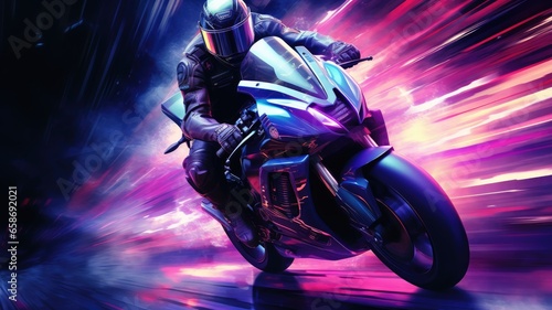 A man riding a motorcycle through a vibrant and dynamic tunnel