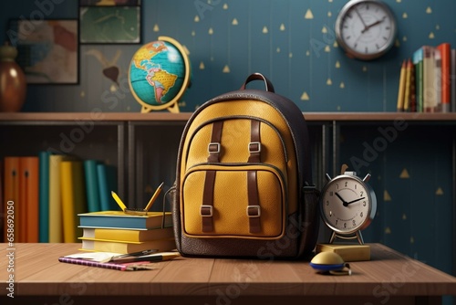 School setup with contemporary accessories and backpack on a desk. 3D illustration. Educational theme. Generative AI