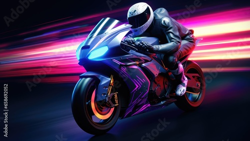 A person riding a motorcycle in the night