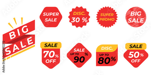 Set of discount sale off the tag, 30, 50, 70, 80, 90 percent. Promotion red banner with discount offer, special offer tag sticker design element, mega discount deal banners. Flat vector illustration