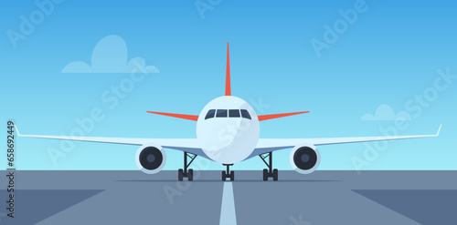 Passenger airplane on runway, front view. passenger aircraft takeoff illustration. Airport with aircraft on airfield. Vector illustration.