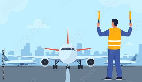 Aviation marshaller in uniform navigate with light sticks. Air traffic controller in signal vest at aircraft runway. Airplane landing. Airport crew. Standing man with sticks. Vector illustration.