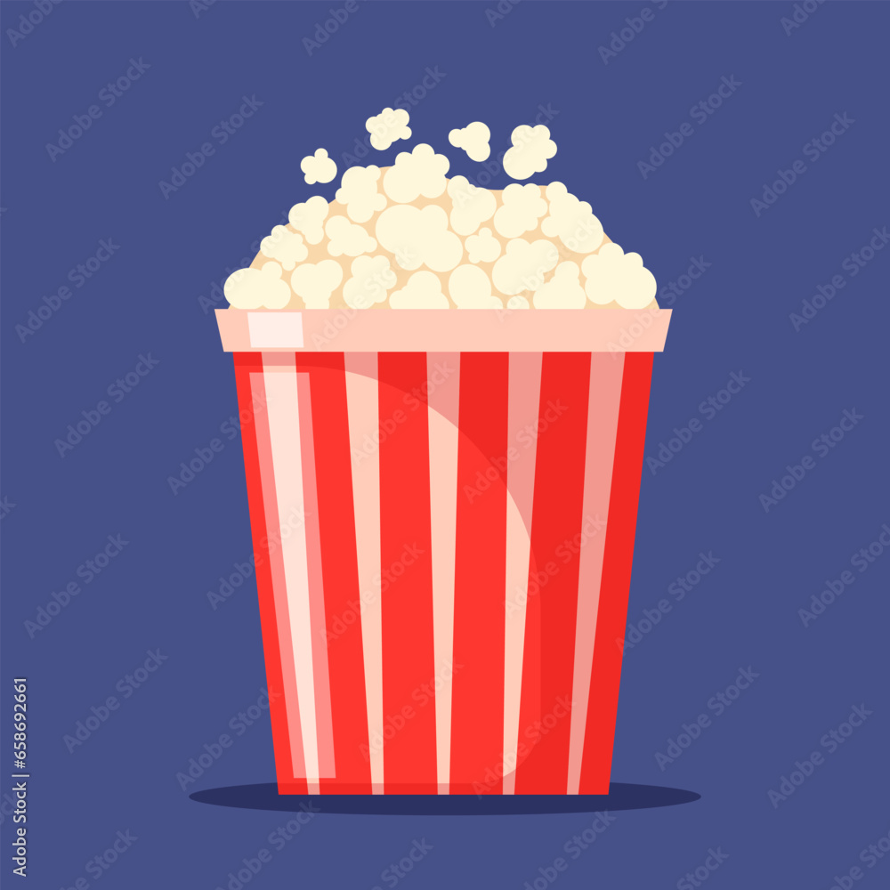 Popcorn flakes and bucket. Popcorn container. White and red cardboard cup with flying out and scatter snack seeds. Isolated striped 3d paper box with fast food for cinema. Vector illustration. Popcorn flakes and bucket. Popcorn container. White and red cardboard cup with flying out and scatter snack seeds. Isolated striped 3d paper box with fast food for cinema. Vector illustration.