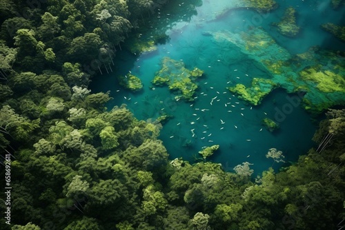 Overhead perspective of lush forest and a body of water. Generative AI