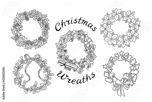 Christmas doodle handmade different holiday wreath. Sketchy outline wreath made from gifts, cookie cutters, mistletoe, poinsettia and holly leaves. Holiday design for coloring pages, stickers, pattern