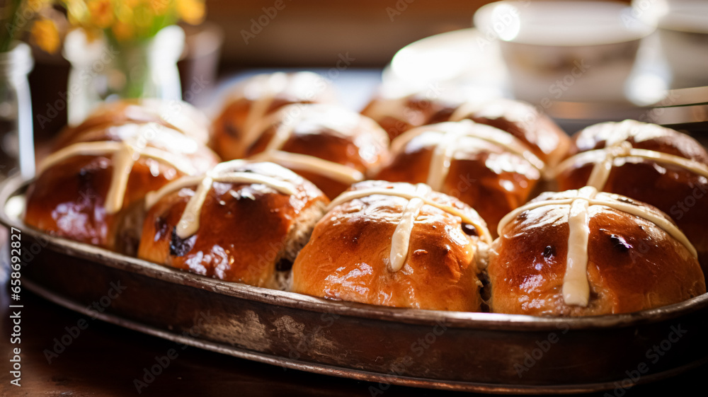 Hot cross buns in English country cottage, Good Friday, religious holiday and british cuisine recipe - obrazy, fototapety, plakaty 