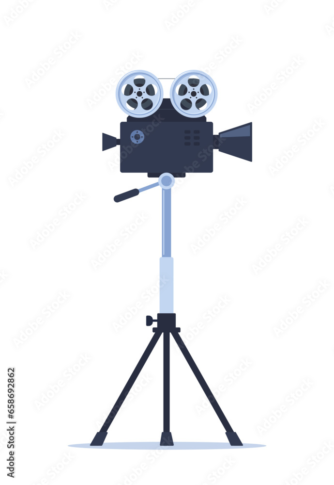 Obraz premium Retro movie projector. Analog device, cinema motion picture film projector with different film reels. Retro film camera. Vector illustration.