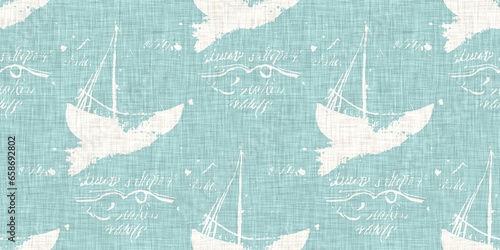 Aqua teal blue white vibrant watercolor batik azulejos tile border banner background. Seamless coastal blur linen effect geometric mosaic effect.Boho Patchwork nautical masculine summer ribbon trim. 