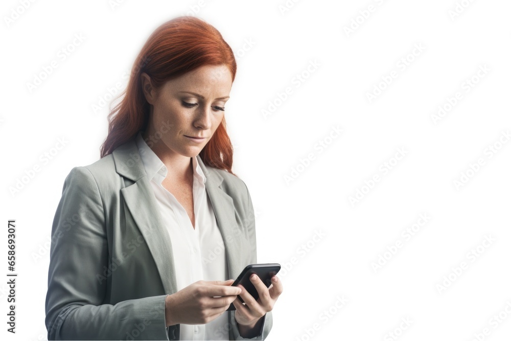 A woman with vibrant red hair is seen looking at her cell phone. This image can be used to depict modern technology and communication. A woman with vibrant red hair is seen looking at her cell phone. This image can be used to depict modern technology and communication.