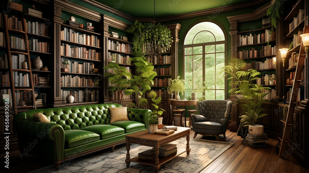 3D rendering of a green vintage library interior with bookshelves, green sofa and bookcase