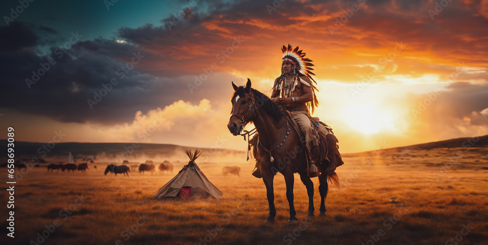 Indian chief on horseback - obrazy, fototapety, plakaty 