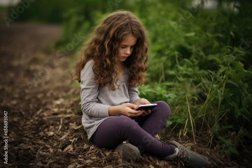 A girl sitting on the ground, engrossed in using her cell phone. This image can be used to depict modern technology and communication in everyday life.