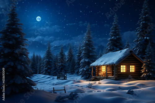 Idyllic log cabin in the forest in the evening, winter scene