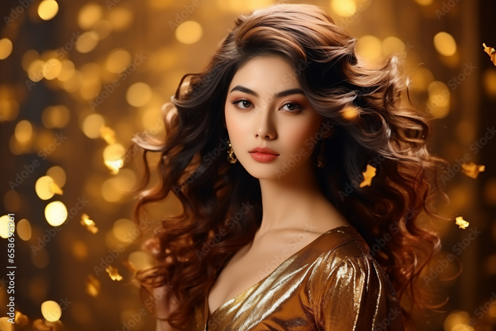 Luxury Asian Woman in Gold Dress on Sparkling Golden Background - Glamour and Elegance for Premium Beauty Products Luxury Asian Woman in Gold Dress on Sparkling Golden Background - Glamour and Elegance for Premium Beauty Products