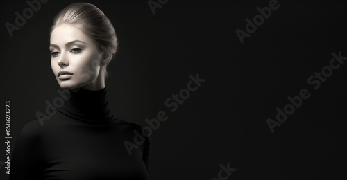 Artistic portrait of a beautiful, elegant woman in a black turtleneck. Generative AI.