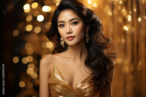 Radiant Golden Beauty - Asian Model in Elegant Dress for Luxury Cosmetics and Jewelry Advertising