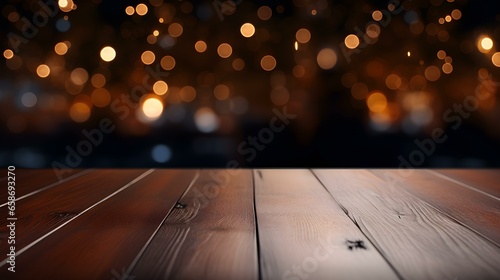 Close up of a wooden Table in front of dark gold Bokeh Lights. Festive Backdrop with Copy Space