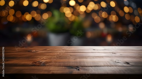 Close up of a wooden Table in front of dark gold Bokeh Lights. Festive Backdrop with Copy Space